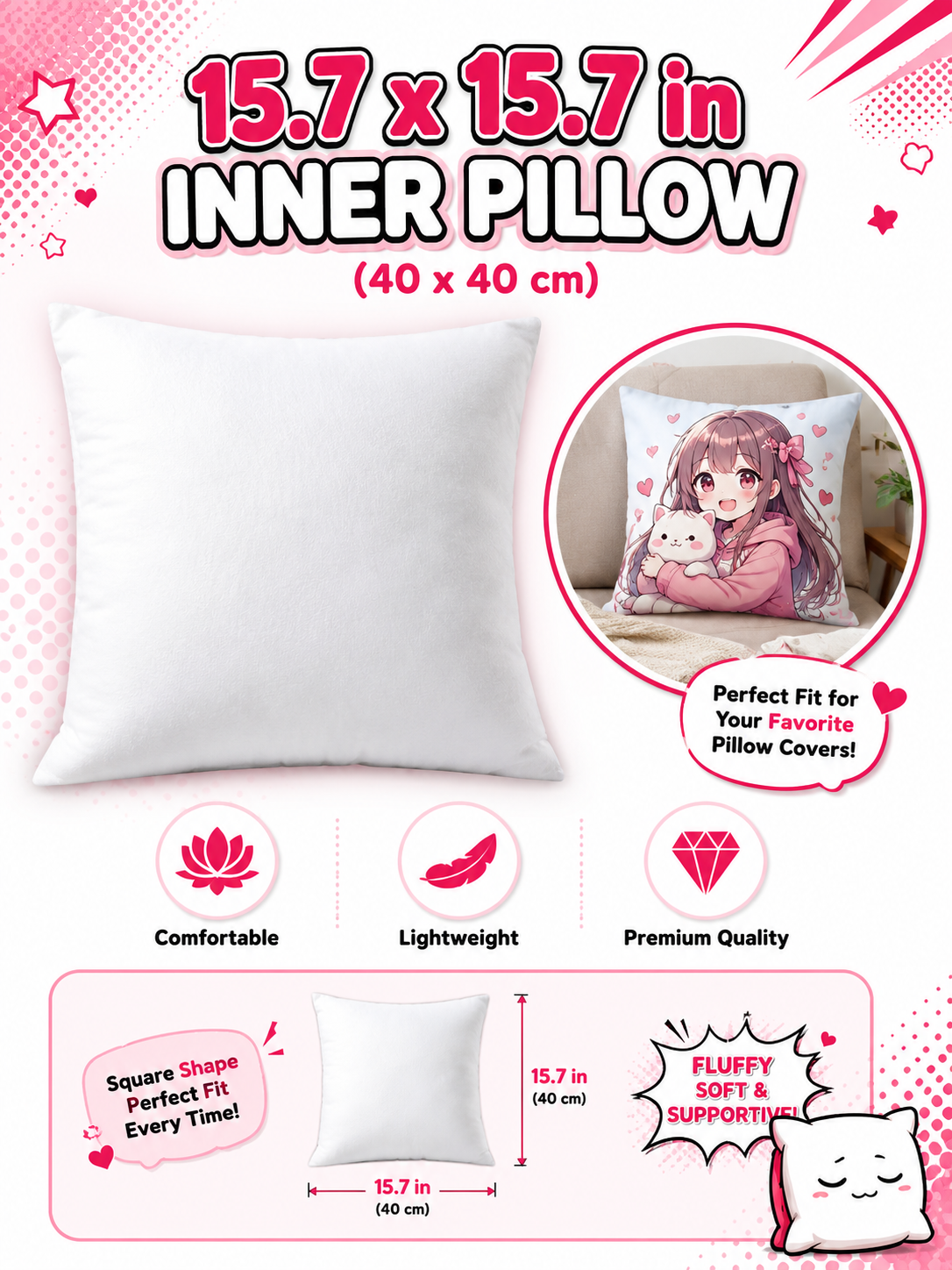 New Comfortable Square Plain White Inner Pillow 15.7 x 15.7 IN
