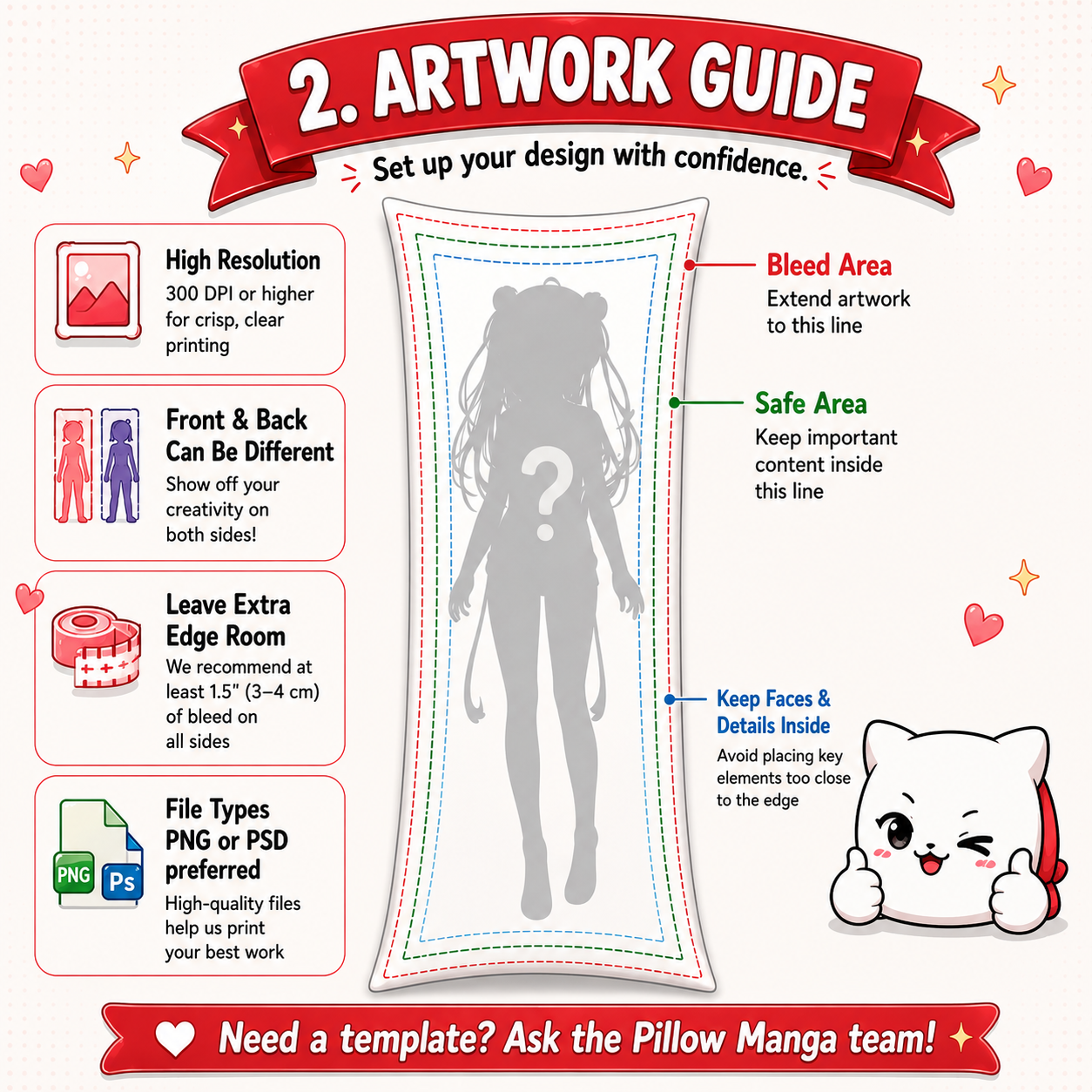 A digital art guide infographic showing a manga-style character design template with text instructions on resolution, front and back, bleed area, safe area, and file types. The design features a red banner, pink hearts, a white cat character, and a central character silhouette with a question mark.