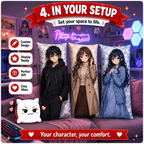 Three anime-style character throw pillows displayed on a couch in a cozy, decorated room setup. The pillows feature detailed illustrations of three different female anime characters.