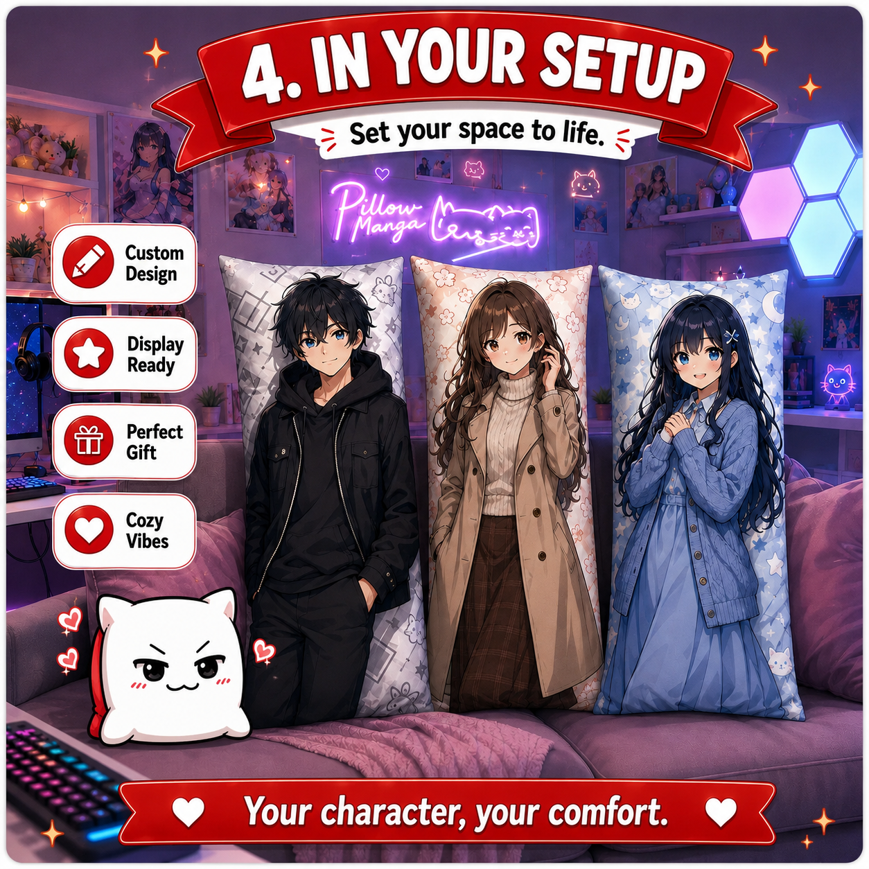 Three anime-style character throw pillows displayed on a couch in a cozy, decorated room setup. The pillows feature detailed illustrations of three different female anime characters.