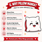 Promotional graphic for a custom Pillow Manga pillow, featuring a white cartoon cat-face pillow with a red backpack on the right and a list of five selling points on the left, including vibrant prints, soft cozy fabrics, and durable high-quality materials.