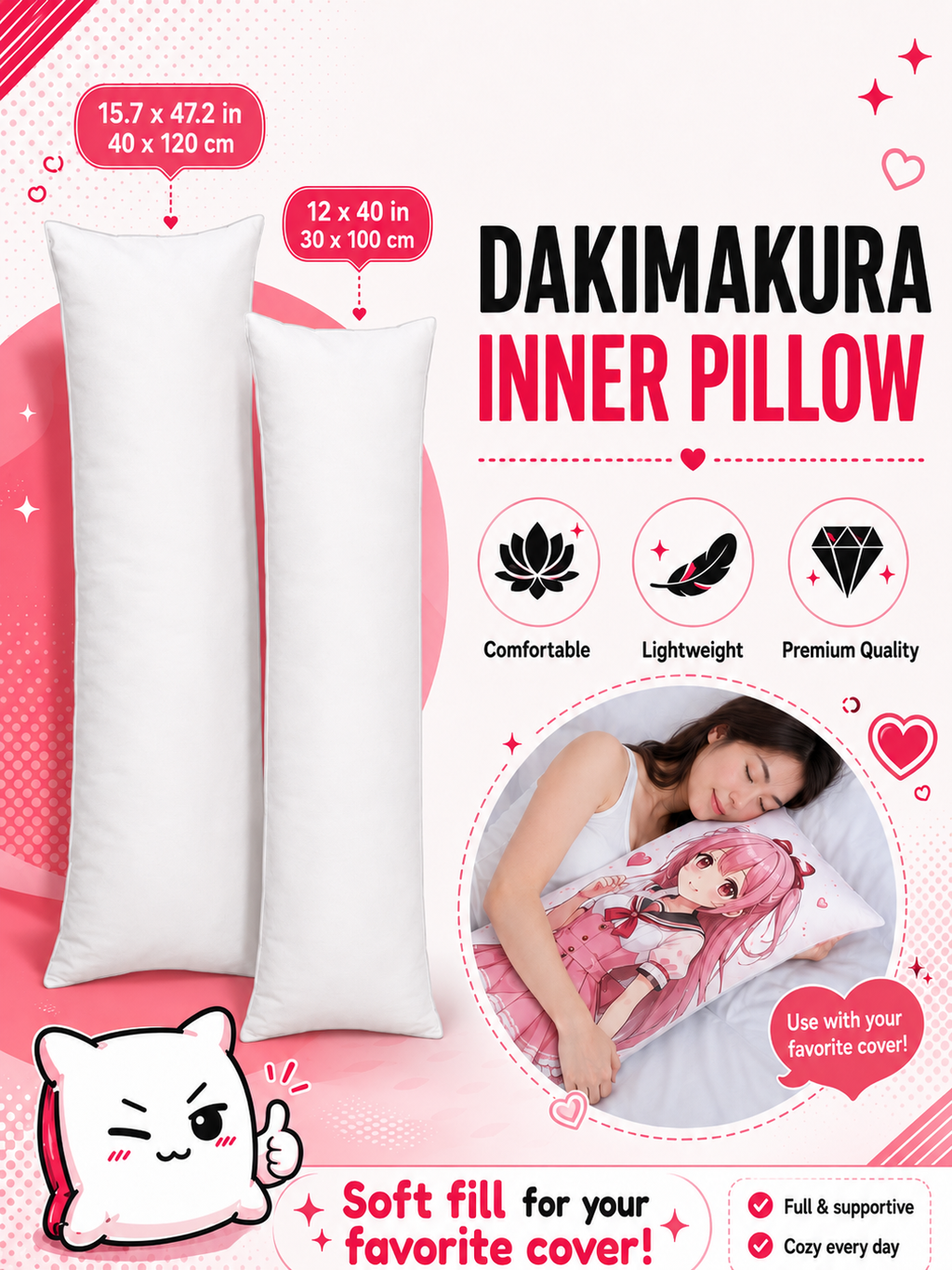 New Super Comfort Inner Pillow - 12 x 40 / 15.7 x 47.2 IN Japanese Body Pillow