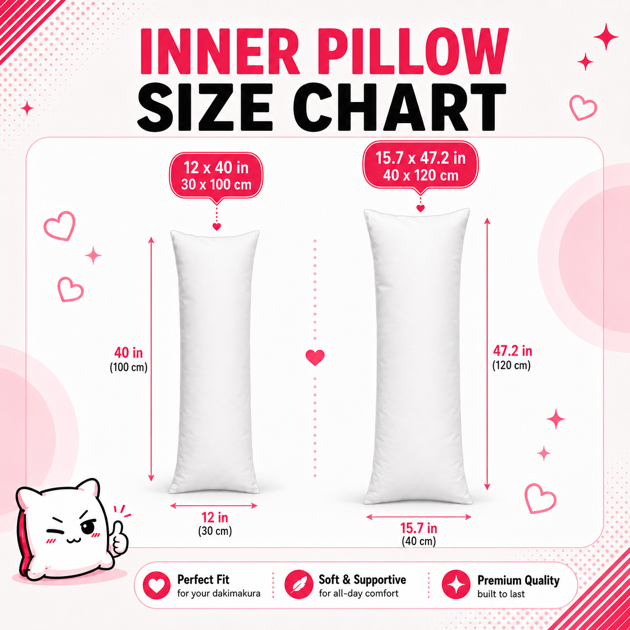 New Super Comfort Inner Pillow - 12 x 40 / 15.7 x 47.2 IN Japanese Body Pillow