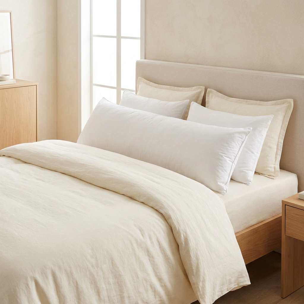 Cloud-Core insert size comparison next to a standard pillow on a queen bed