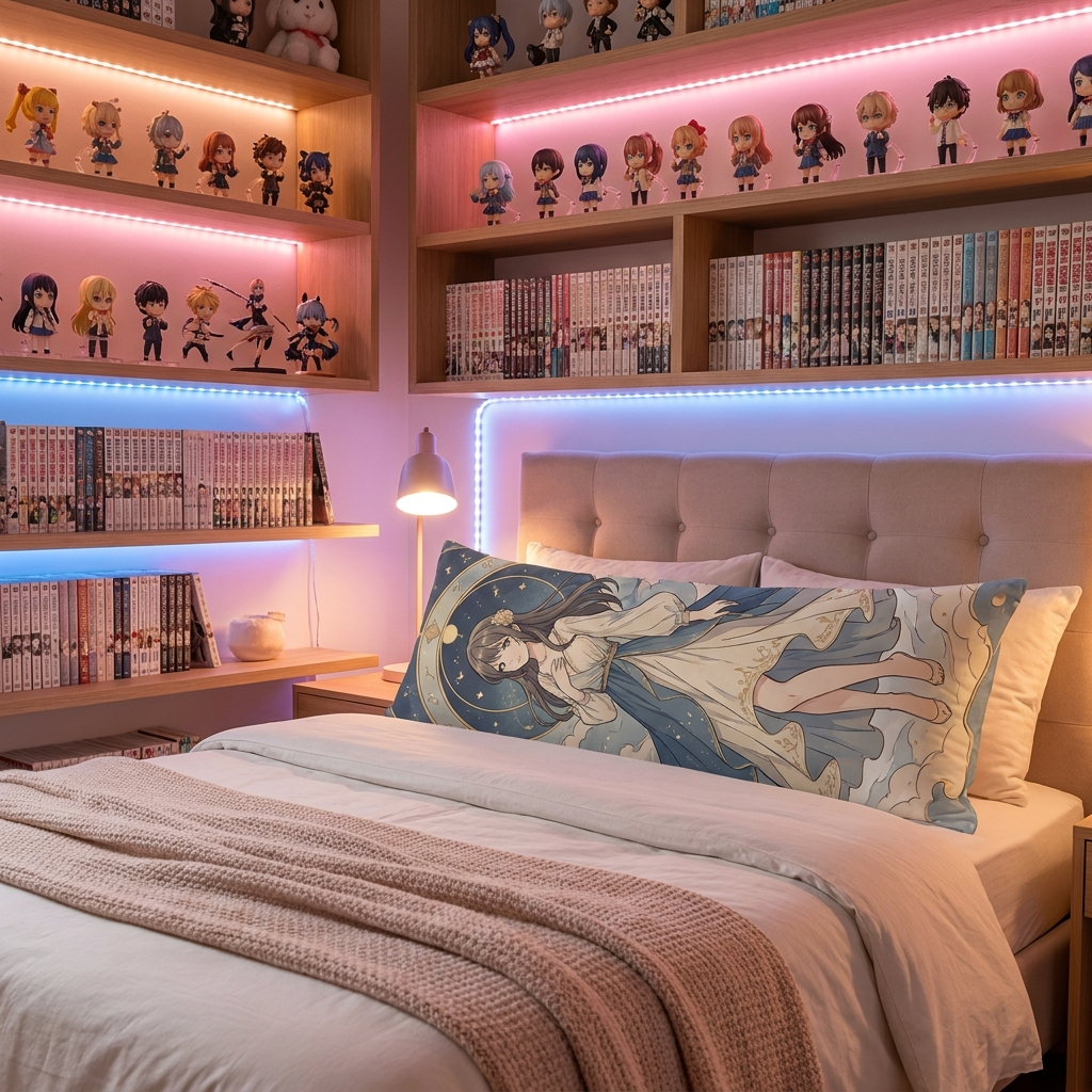 Body pillow with cover styled in an anime collector's room setup