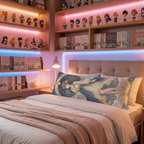 Body pillow with cover styled in an anime collector's room setup