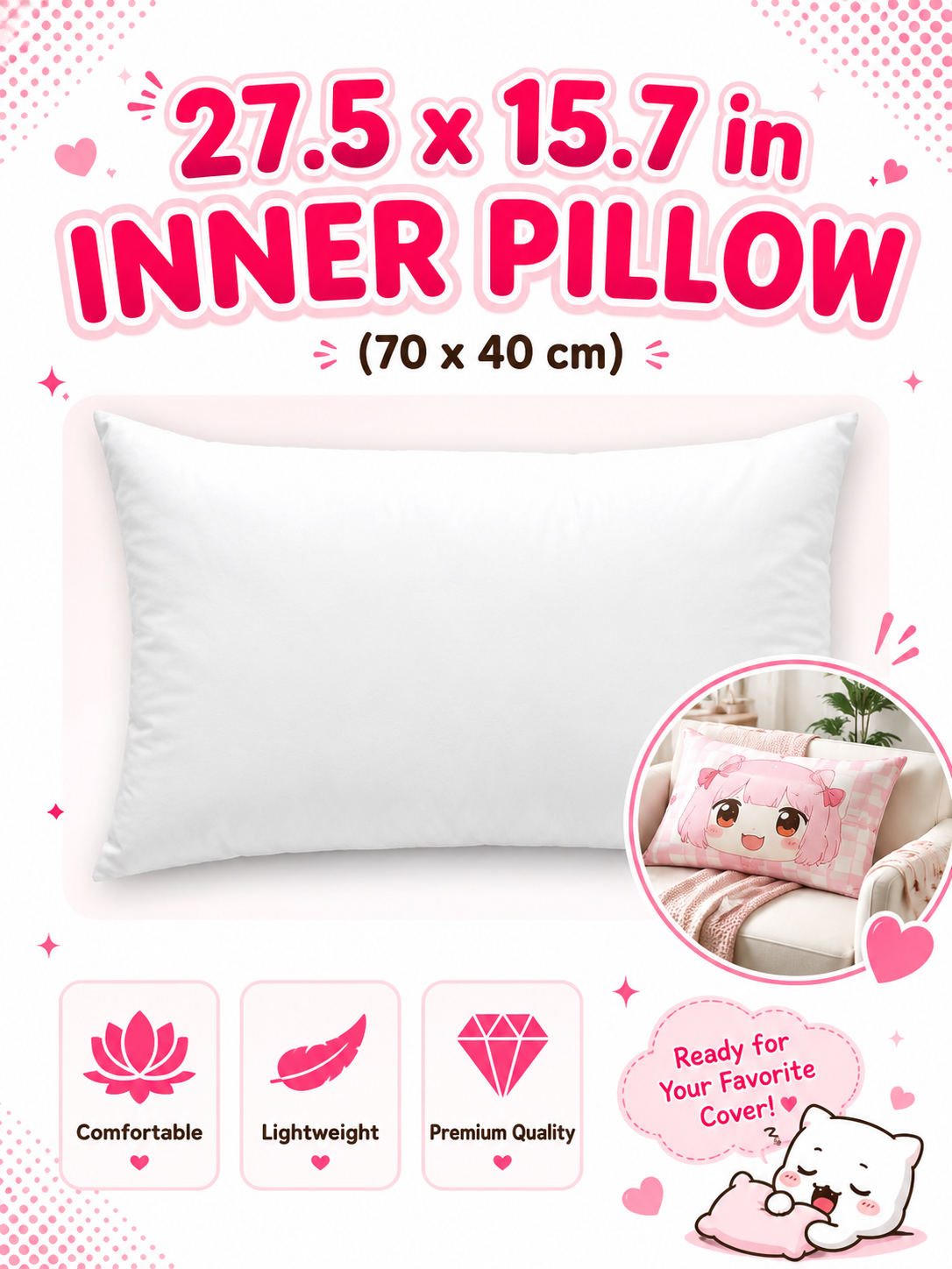Fluffy Huggable Plain White Dakimakura Inner Pillow 15.7 x 27.5 IN