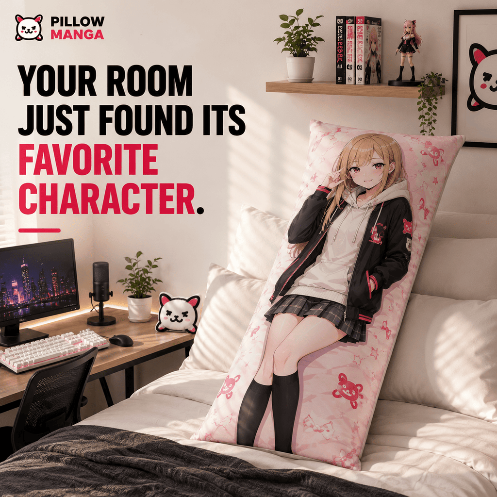 A large anime body pillow featuring an illustrated female character in a school uniform, styled on a bed in a bright bedroom. The image includes promotional text reading 'YOUR ROOM JUST FOUND ITS FAVORITE CHARACTER.