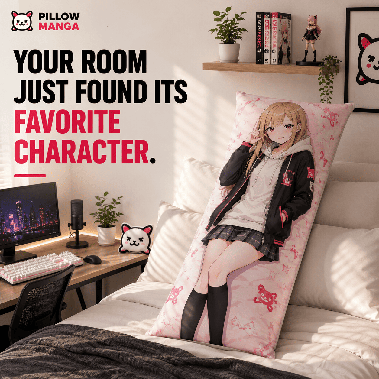 A large anime body pillow featuring an illustrated female character in a school uniform, styled on a bed in a bright bedroom. The image includes promotional text reading 'YOUR ROOM JUST FOUND ITS FAVORITE CHARACTER.